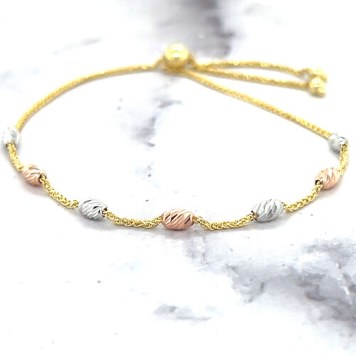 14K Tri-color Gold 9.25" Stationed DC Oval Beads Friendship Bracelet - 第 1/12 張圖片