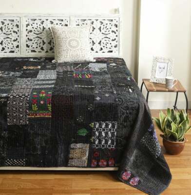 New Silk Patola Kantha Quilt Indian Patchwork Bedspread Twin/ King Throw BLACK