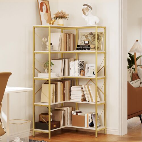 5-Tier L-Shaped Corner Shelf Large Etagere Bookcase Bookshelf For Home Office