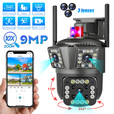9MP IP WiFi 360° 10X Zoom 3 Lens 3 Screens Security Camera System Outdoor PTZ