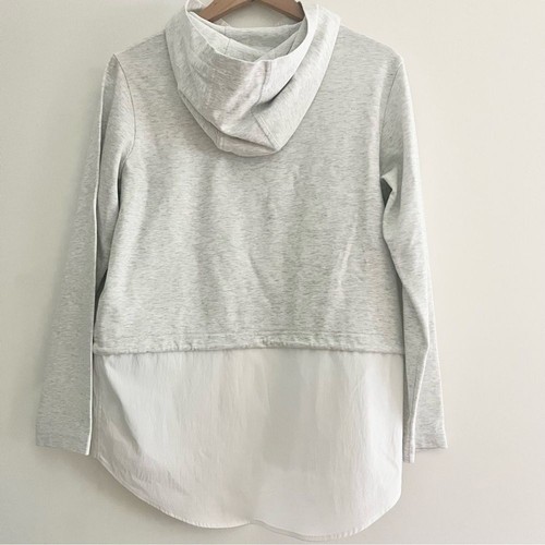 Athleta Gallery Hoodie Top Pullover Poplin Heathered Grey White Faux 2 Pc Small - Picture 10 of 11