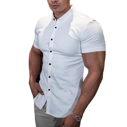 Mens Button Down Short Sleeve Solid Shirts Casual Muscle Slim Fit Tops Tee Shirt - Picture 13 of 19