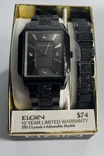 New Elgin Mens Rectangle Black Color And Ice-Tone With Matching Bracelet Luxury 