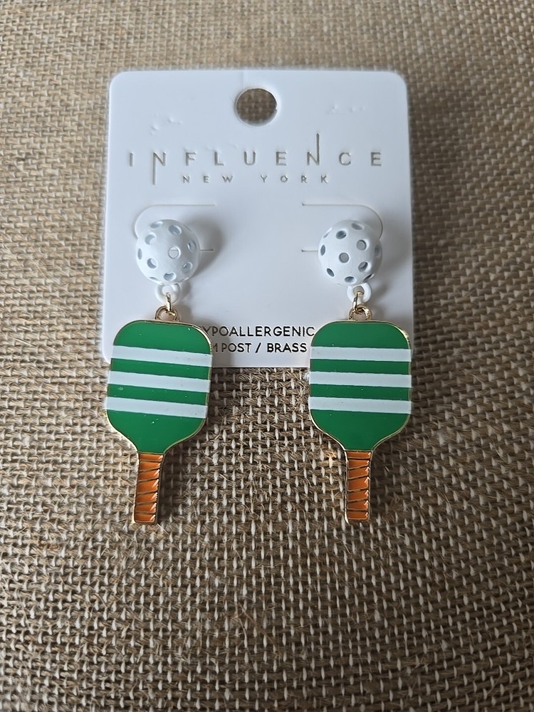 Preppy Green & White Stripe Pickleball Paddle Dangle Earrings