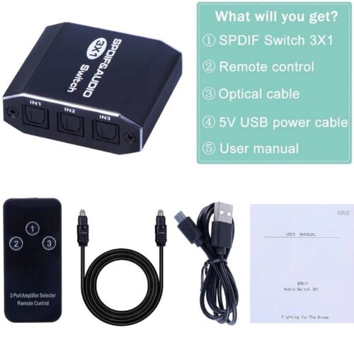 3x1 Aluminum Spdif Toslink Optical Digital Audio Splitter Remote Switch Hub