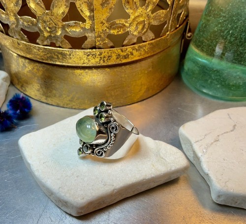 Genuine Sterling Silver Phrenite & Peridot Gemstone Adjustable Ring Size 7.5 - Picture 2 of 15