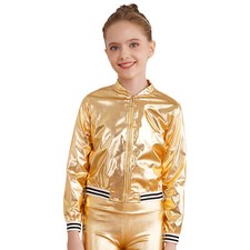 Kids Girls Shiny Metallic Bomber Jacket Baseball Long Sleeve Zip Up Coat