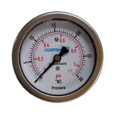 New PRM 0-30'' WC / 0-1 PSI Pressure Gauge 2.5'' SS Case ¼  NPT Brass Back