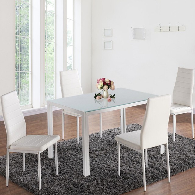 5/7 Piece Glass Dining Table & Chair Set 4 or 6 Faux Leather High Back Chairs 5/7 Piece Glass Dining Table & Chair Set 4 or 6 Faux Leather High Back Chairs