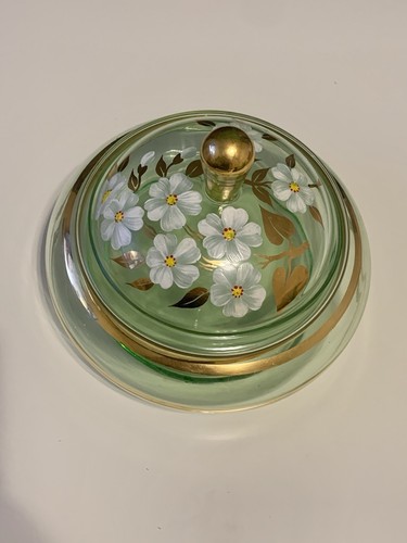 Vintage Green with Gold Accent Elegant Glass Covered Candy Dish Flower Motif - Picture 11 of 12