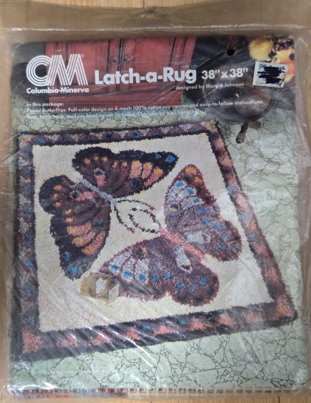 1979 Columbia Minerva Latch a Rug Hook Pattern 38" x 38" Pastel Butterflies