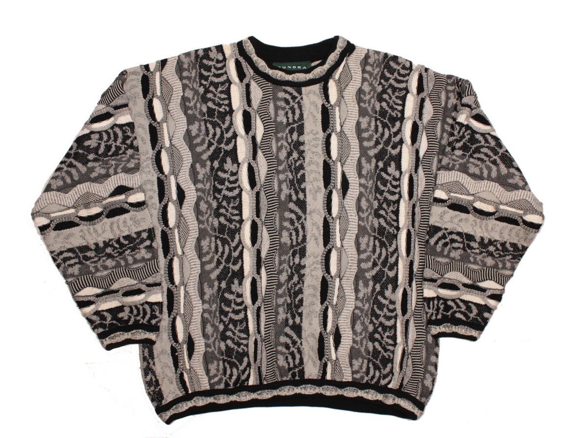 Tundra Canada Vintage 3D Knit Sweater Mens Large Black Gray 