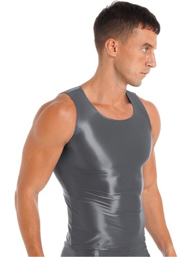 Mens Glossy Smooth Tank Top Stretchy Sleeveless Vest Yoga Gym Fitness Crop Shirt - Picture 30 of 108