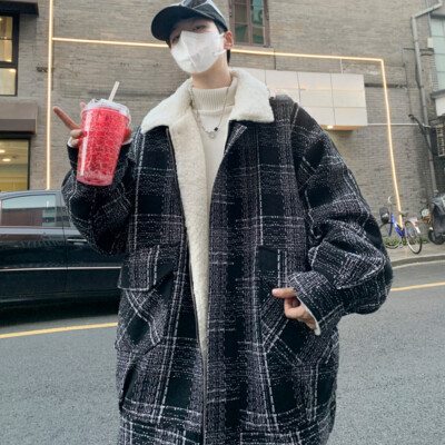 Herren Kunstwolle Gepolstert Parkajacke Retro Warm Lose Kariert