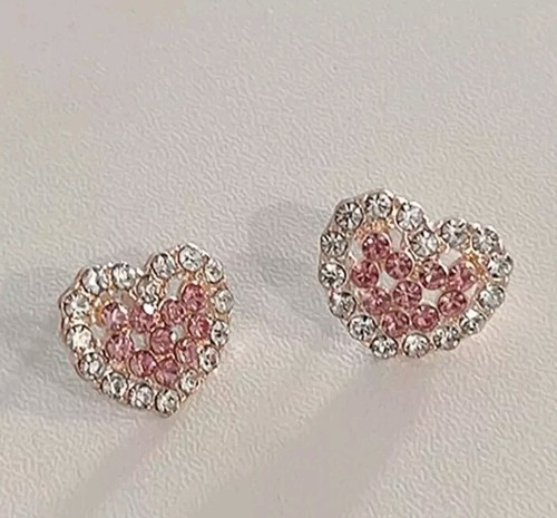 HEART CRYSTAL EARRINGS PINK STUD PAIR UNISEX VALENTINES BIRTHDAY CHRISTMAS GIFT - Picture 2 of 4