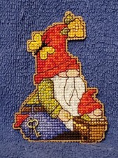 Wheelbarrow Gnome, Beaded Cross Stitch Refrigerator Magnet, Made in the USA