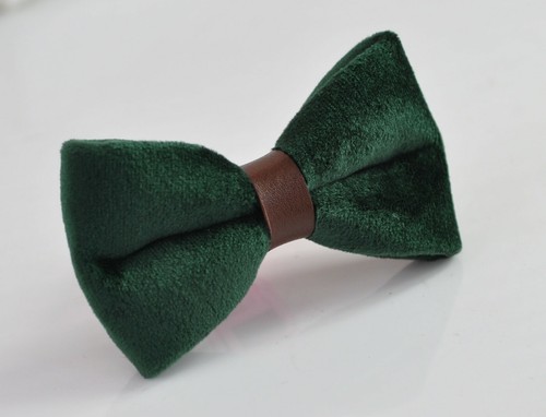 Dark Emerald Green Velvet Brown Leather Bow tie Men / Teenge / Boy Kids / Baby - Picture 1 of 4