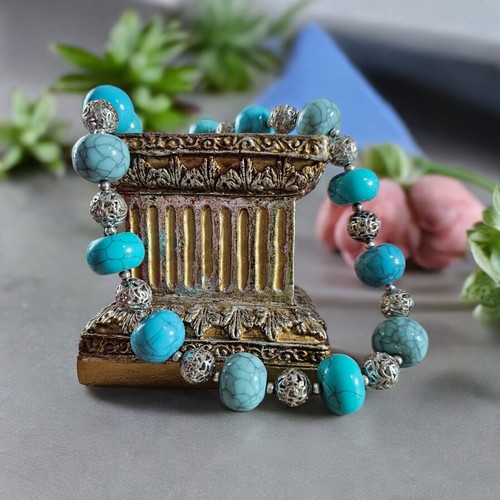 18" Faux Turquoise Necklace Chunky Rondelle Silver-tone Filigree Beads Chaps - Picture 4 of 6