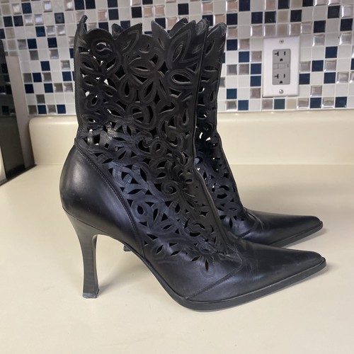 ANGELA FALCONI LASER CUT BOOTS Black LEATHER BOHO COWGIRL SIZE 38.5