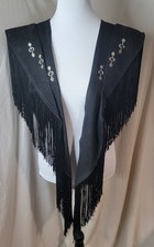 VTG 90s Black Fringe Poncho Cape Western Boho Shawl Festival Layering Top OS