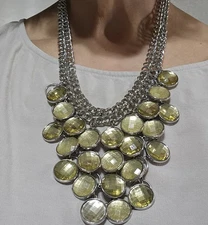 Charming Charlie Shiny Yellow Cabochon Necklace Silver Tone Chain 18-20” 