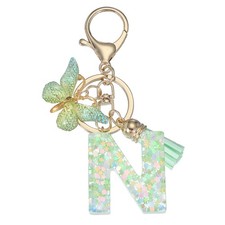 Alphabet Initial Letter Keychain Cute Charm with Tassel Butterfly Letter N Green