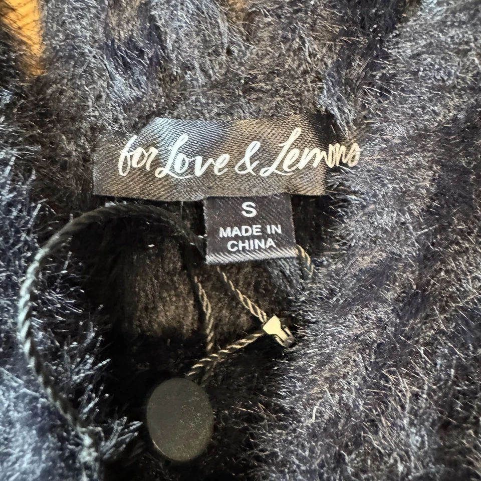 For Love & Lemons Fuzzy Bralette Womens Small Black Faux Fur Knit Flower Button - Image 2 of 4