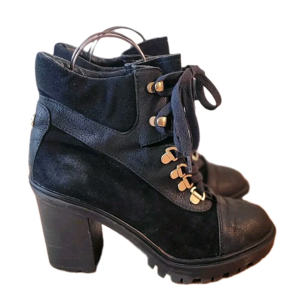 Botas de cuero Guess vintage para mujer 9 tacones negro gamuza bloque botín taco años 90 Y2K Foto 2 de 4