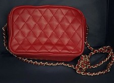 Red Quilted Shoulder Bag Chain Strap Zip Closure Gold Hardware Women
