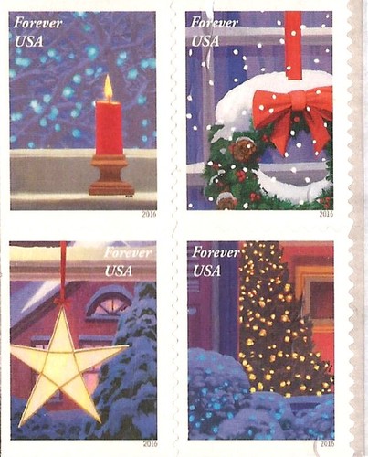 2016 Christmas Windows, Wreath, Tree - Block of 4 Forever Stamps - Scott #5145-8 - Picture 1 of 1