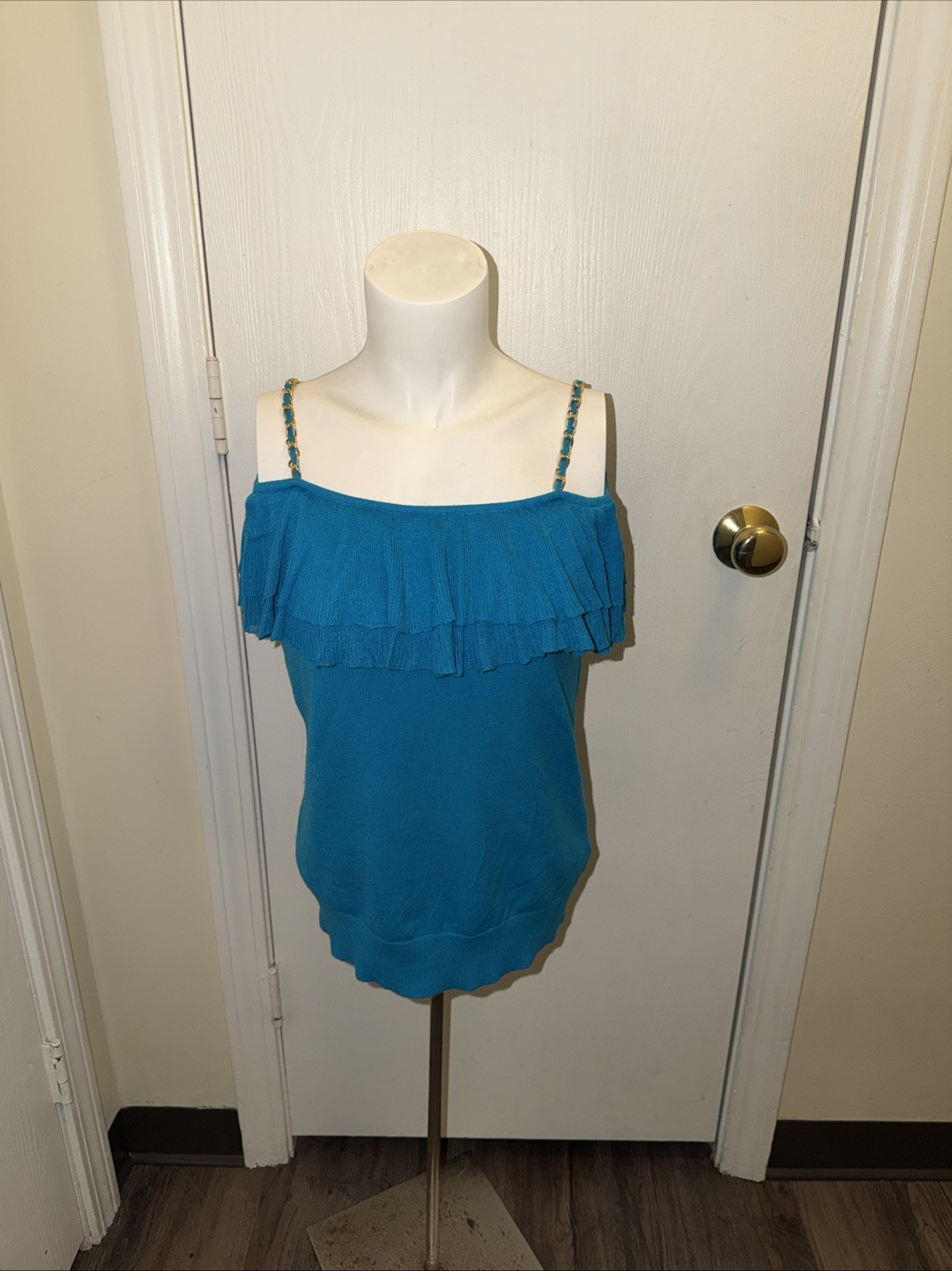 Cache Teal Blue Flutter Ruffle Cold Shoulder Top … - image 2