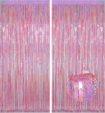 Pink Tinsel Curtains Backdrop, 3.2 ft x 8.2 ft Sparkle Metallic Foil Curtains fo