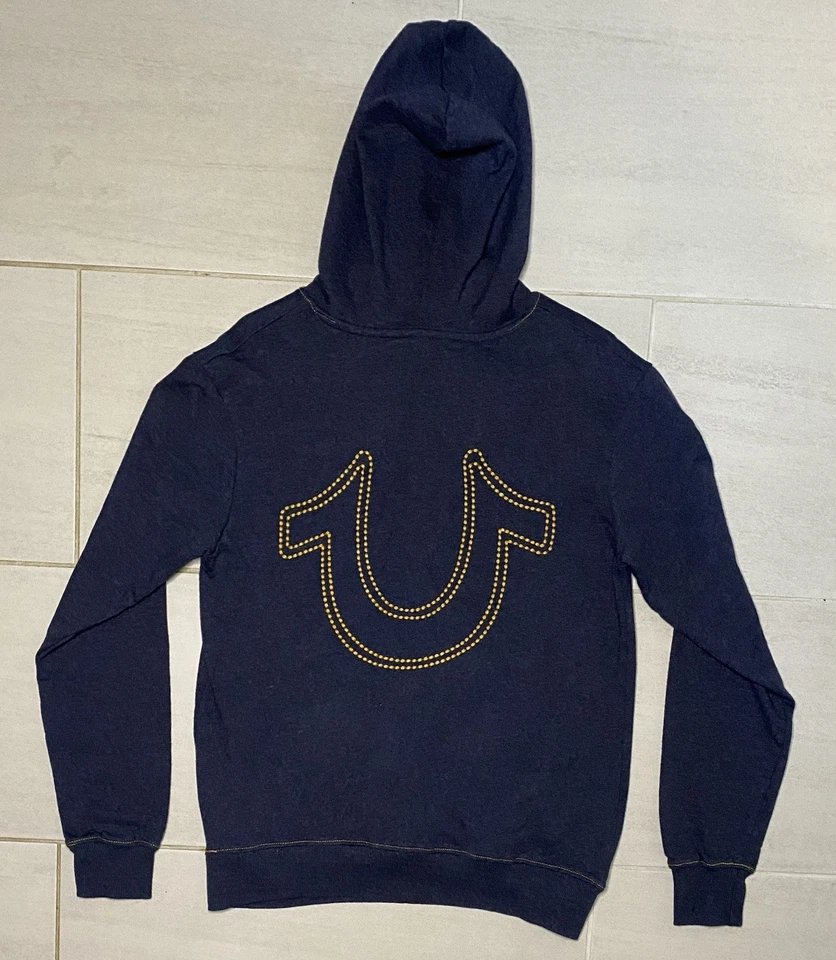 Moletom com capuz True Religion masculino azul costura grossa média logotipo grande - Imagem 4 de 4