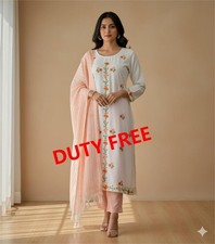 Indian Women Embroidered Cotton Kurta Pant Dupatta set Suit Dress Ready to Wear