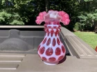 Fenton Cranberry Opalescent Glass Double Ring Ruffled Coin Dot Vase