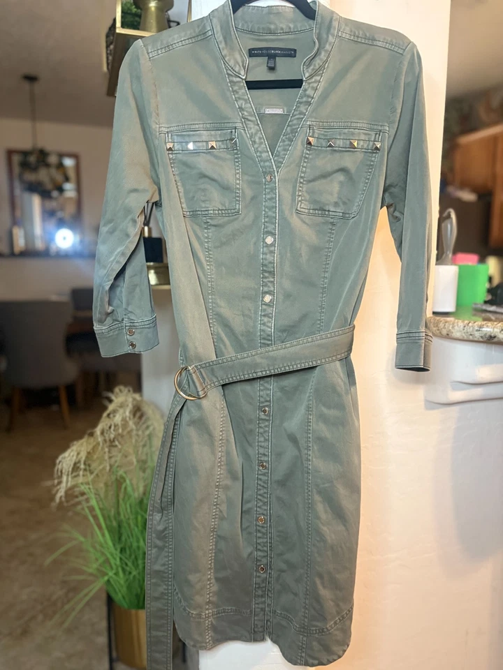 Vestido Camisa Casa Blanca Mercado Negro Verde Ejército Con Cinturón Extraíble Talla 8 Foto 2 de 4