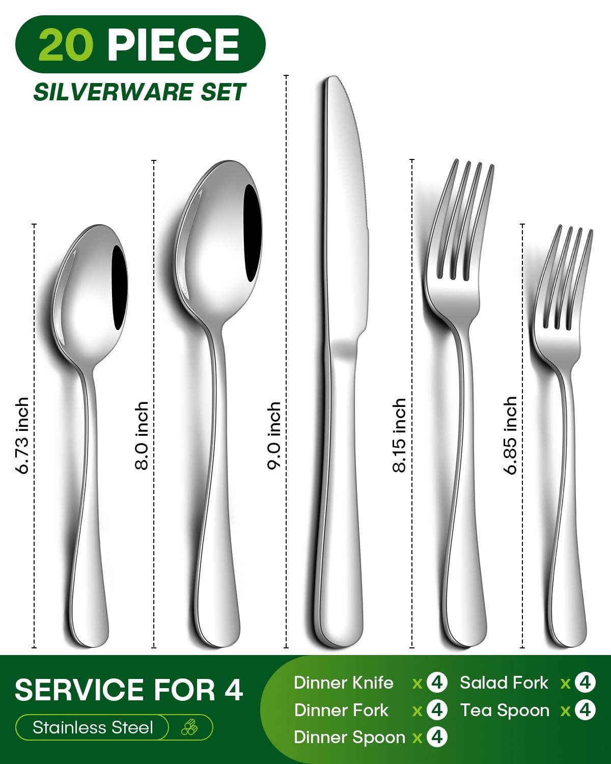 PHILIPALA 20 Piece Silverware Set, Stainless Steel Flatware Set for 4 Food Gr...