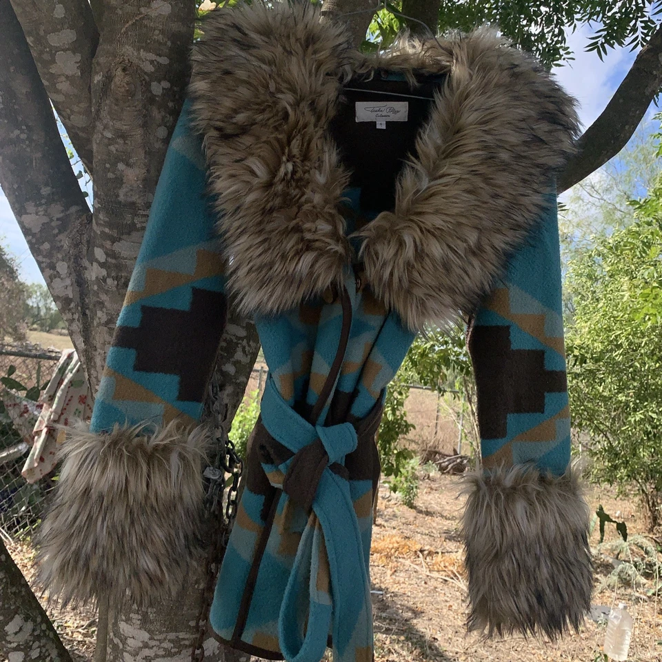 Винтажный Таша Polizzi юго-западный одеяло пальто меховой воротник: меховые манжеты съемный Smal - Изображение 2 из 4