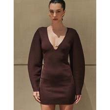 Meshki || Billy Balloon Sleeve Knit Mini Dress Keyhole Dark Chocolate Brown XS