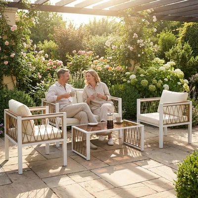4 Piece Rattan Garden Furniture Set with Loveseat, Armchairs, Table, Cream White - Image 1 of 4