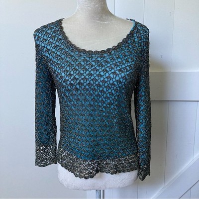 Cache vintage 90s Y2K metallic knit crochet cropped lined blouse fairy mermaid L