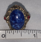 Vintage Gold Plated Marbled Blue Cabochon & Red Rhinestone Ring-Size 9/Adj — photo 8