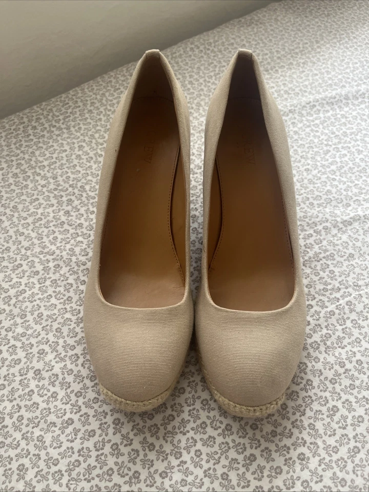 Sapatos femininos J Crew 8,5 bege espadrille salto cunha lona bronzeado sapatos de verão - Imagem 4 de 4