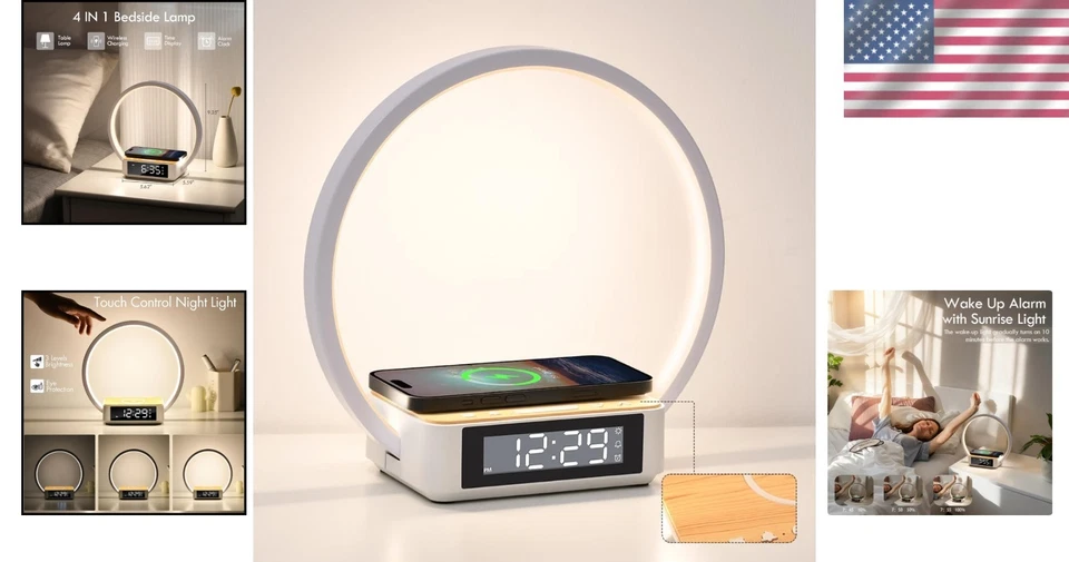 Wood Grain Touch Lamp Alarm Clock Wireless Charger - Image 2 of 4