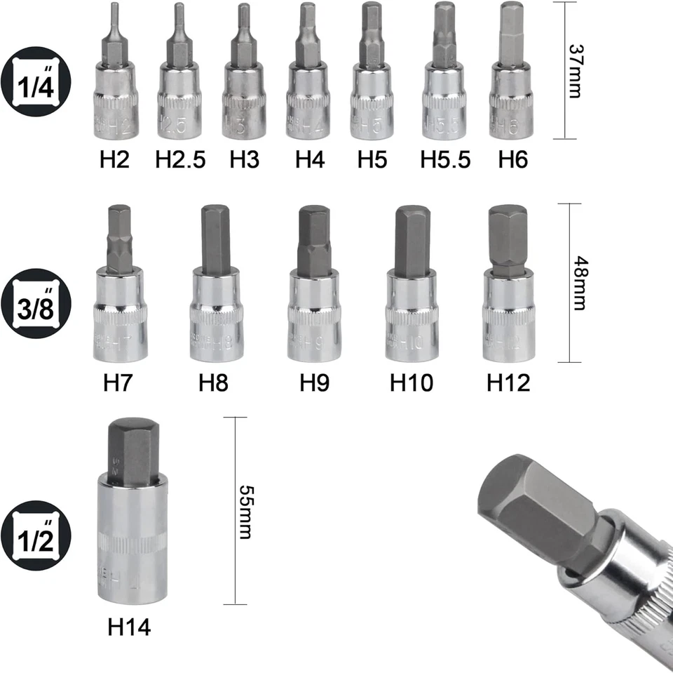 Hex Bit Socket Set Premium S2 Alloy Steel, 13-Piece Metric 2-14mm Allen Socket - Image 2 of 4