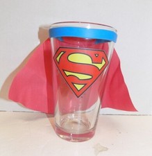 VTG - DC Comics Superman Logo Glass Tumbler w/ HTF Cloth Cape by iCup inc.