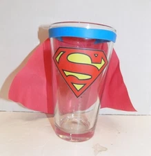 VTG - DC Comics Superman Logo Glass Tumbler w/ HTF Cloth Cape by iCup inc.