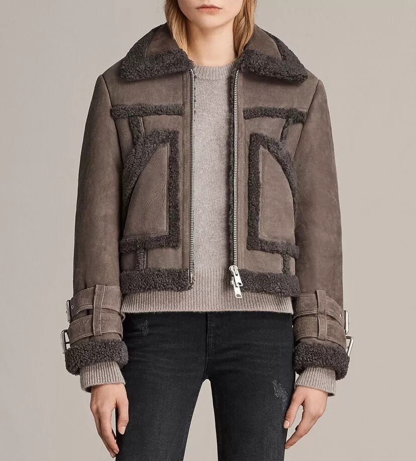 ALLSAINTS Women's Asher Shearling Leather Biker Jacket Grey ALLSAINTS Women's Asher Shearling Leather Biker Jacket Grey