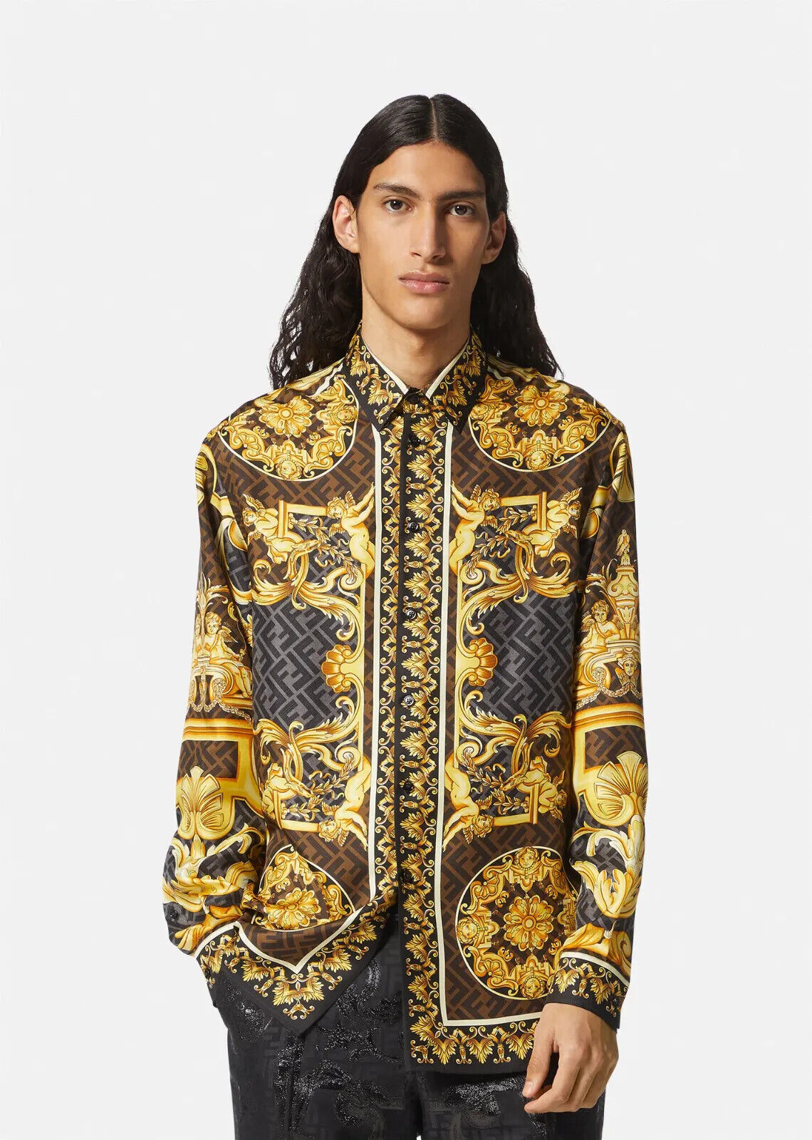 Brand New FENDACE Versace by Fendi GOLD BAROQUE SILK Shirt Size 44 IT ...