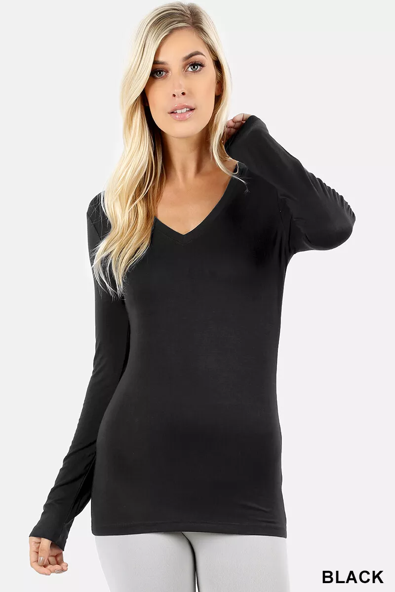 Women's V-Neck Long Sleeve Rayon Spandex Jersey T Shirt Soft